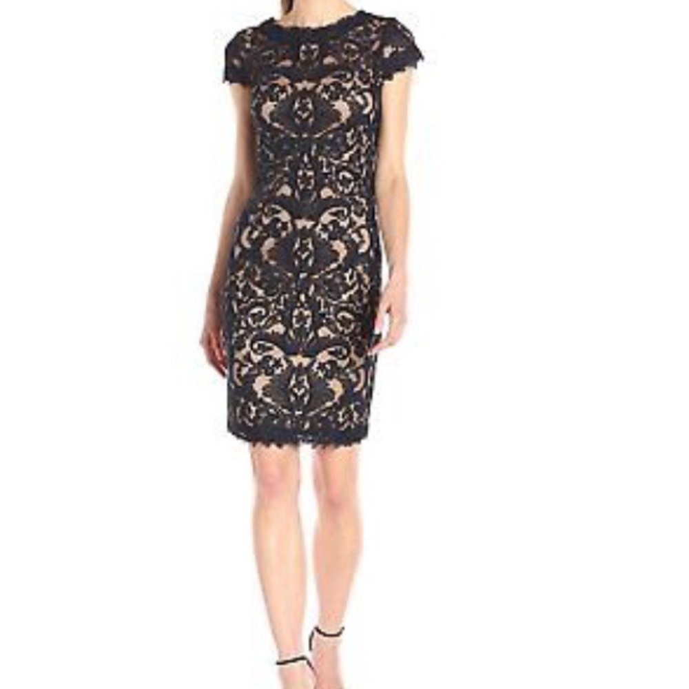 •Tadashi Shoji• Black Corded Lace Cap-Sleeve Dress
